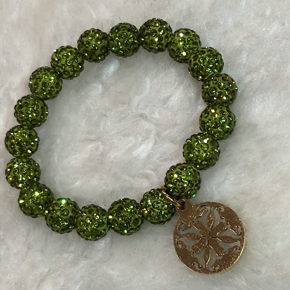 Rustic Cuff | Olive Green Rhinestone Beaded Stretch Bracelets with Gold Charm